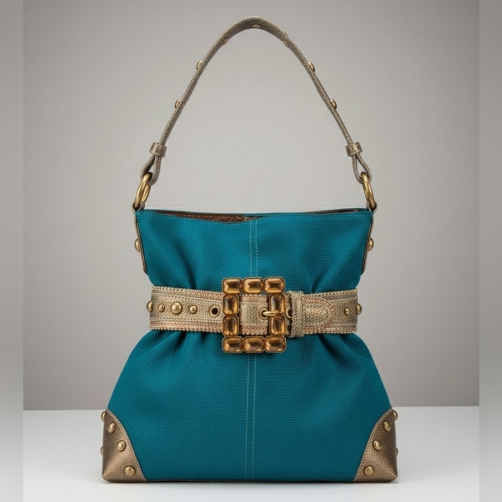 ​✨ VINTAGE Kathy Van Zeeland Sunset Belt Hobo | Y2K Teal & Bronze Studded ✨
